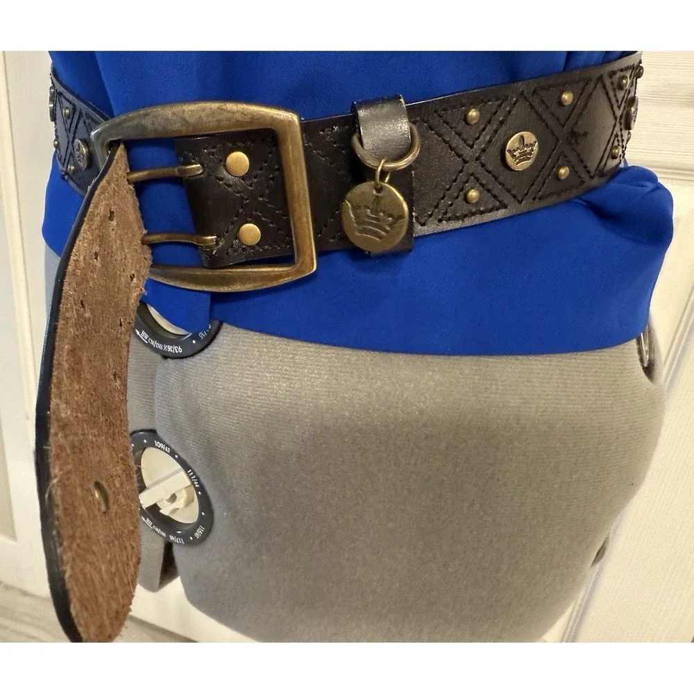 VTG Worn Studded Black Leather Belt Gold Color Buckle Sz 38